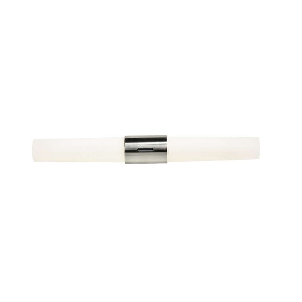 LED Wandleuchte Helva Double IP44 in modernem Design mit zwei weißen Leuchten und silbernen Halterung.