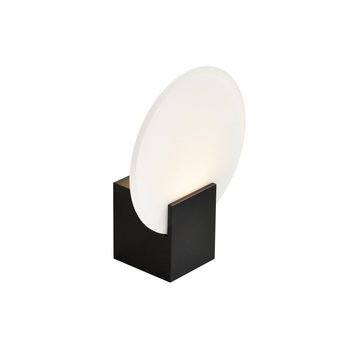 LED Wandleuchte Hester IP44 mit schwarzem Metallgehäuse und ovalem opalweiß leuchtenden Diffusor, Frontansicht