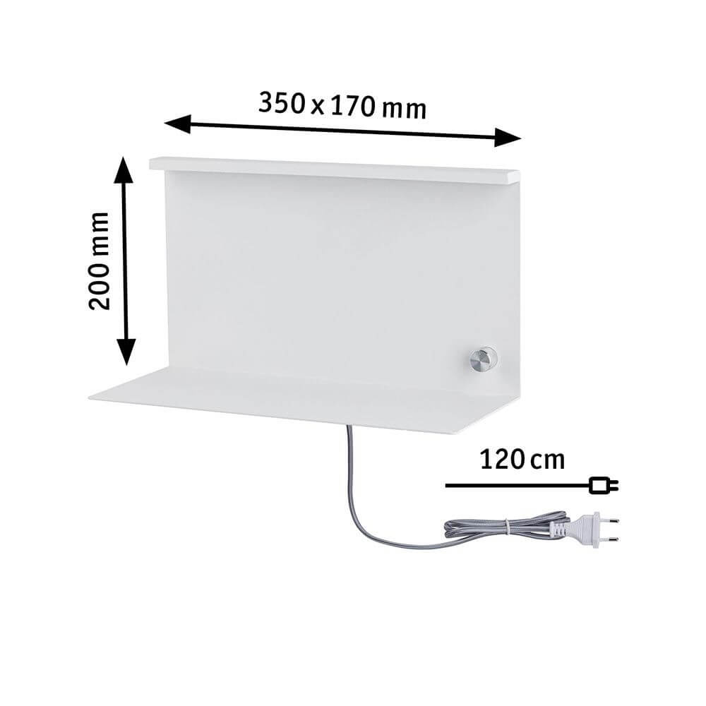 LED Wandleuchte Jarina USB Weiß Dimmbar mit integrierter Ablage und Maßangaben.