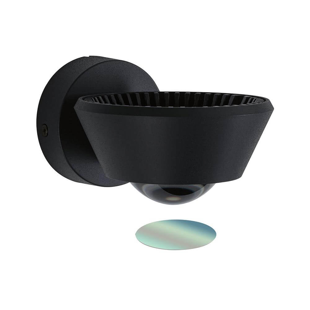LED Wandleuchte Sabik Dimmbar Schwarz mit Glaslinse und dichroitischer Folie für besondere Lichteffekte.