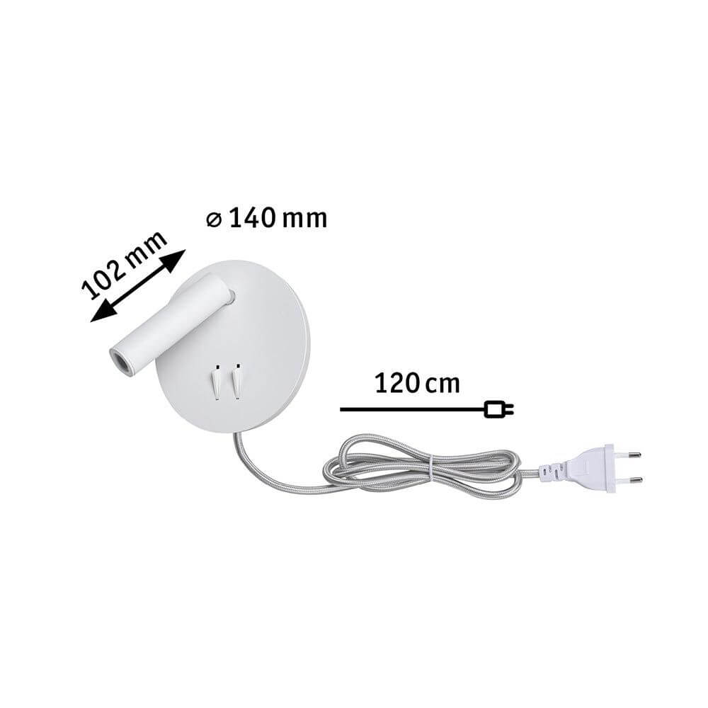 LED Wandleuchte Tabari Weiß, Chrom mit Kabel und Maße, ideale Leselampe und Flurbeleuchtung.