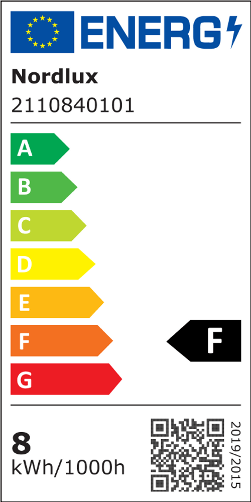 Energieeffizienzlabel für Nordlux LED Produkte, zeigt Klasse F und Verbrauch von 8 kWh/1000h.