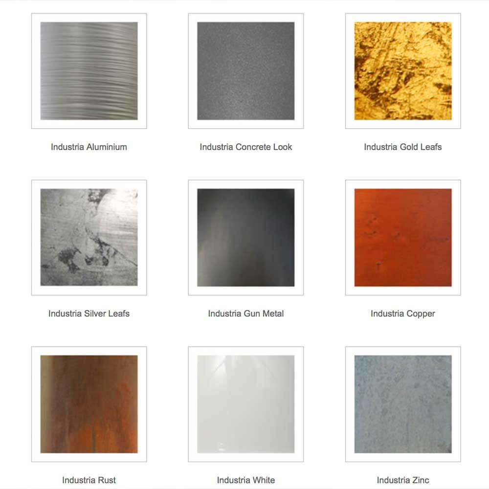 Muster von Oberflächenmaterialien: Industria Aluminium, Betonlook, Goldblätter, Silberblätter, Gun Metal, Kupfer, Rost, Weiß, Zink.