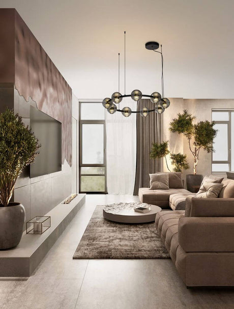 Las LED 9-pære pendel Ø 91cm 3000K sort, guld i den moderne stue med stilrent design.