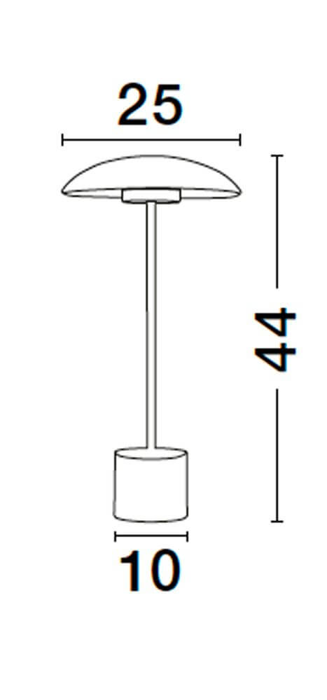 Lash LED Tischleuchte 3000K, technische Zeichnung mit Maßen 25cm Breite, 10cm Durchmesser, 44cm Höhe.