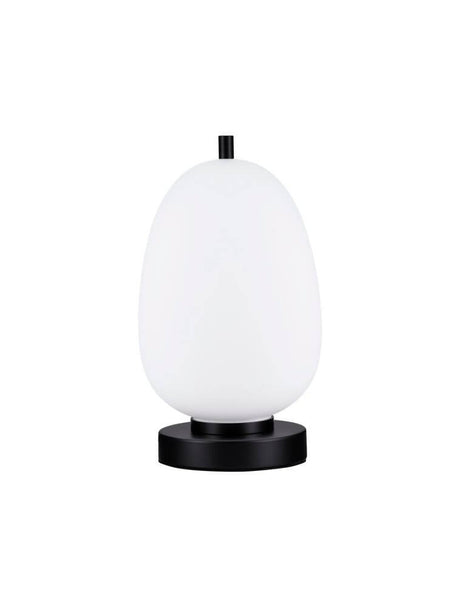 Lato Tischleuchte E14 Ø 15,8cm auf schwarzem Sockel mit opalem Glasschirm, modernes Wohndesign.