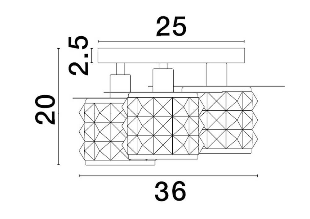 Technische Zeichnung der Lawan Deckenleuchte 3-flammig Ø 36cm mit Abmessungen in cm.