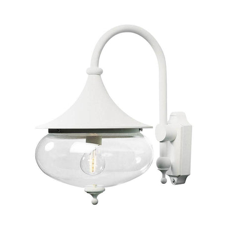 Lampa ścienna Libra na zewnątrz biała, przezroczyste szkło z eleganckim designem i przezroczystym szkłem do użytku na zewnątrz.
