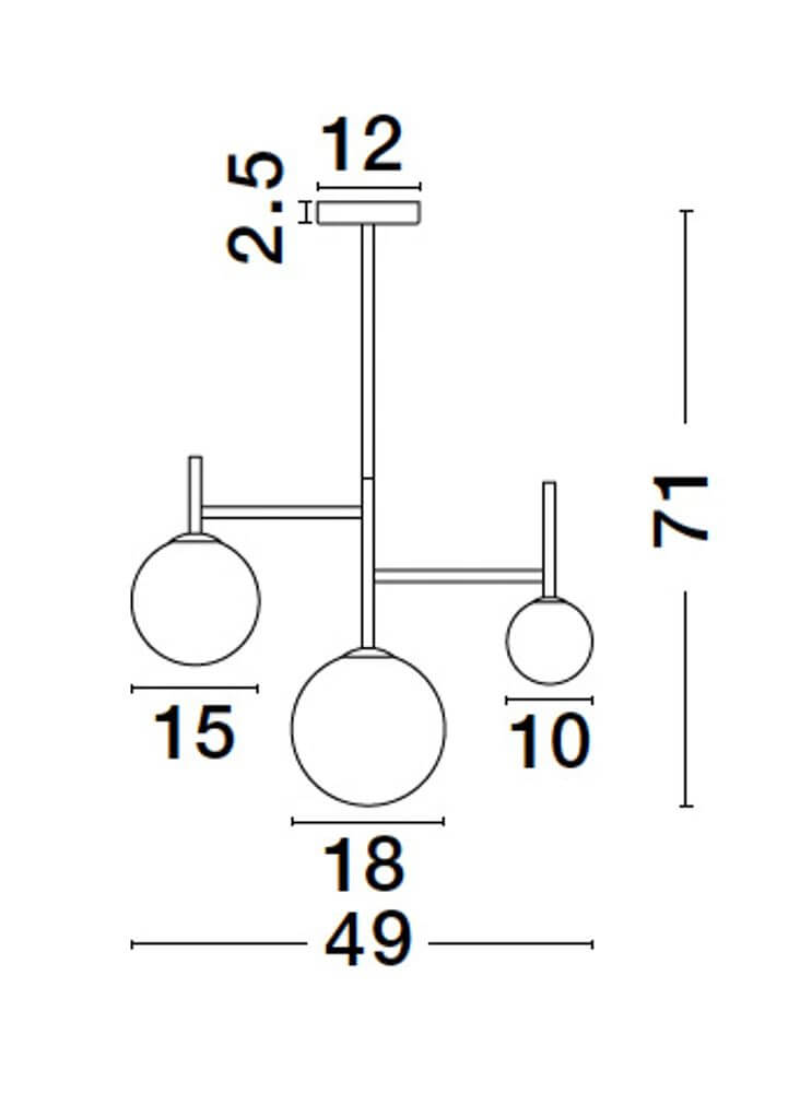 Technische Zeichnung der Licato Pendelleuchte 3-flammig Ø 49cm Schwarz, Weiß mit Maßen.