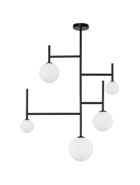 Licato pendel 5-pære Ø 73cm sort, hvid med kugler af opalglas for en elegant boligstemning.