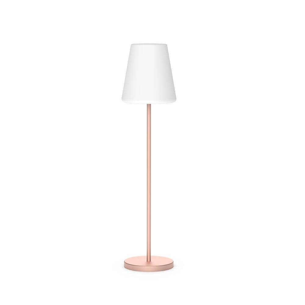 Elegante LED Akku-Stehleuchte Lola Mini, rosa mit weißem Lampenschirm, ideal für Wohn- und Außenbereiche.