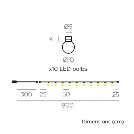 Bruna Solar LED garland 8m IP44 with 10 LED lamps and dimensions, ideal for garden and terrace.