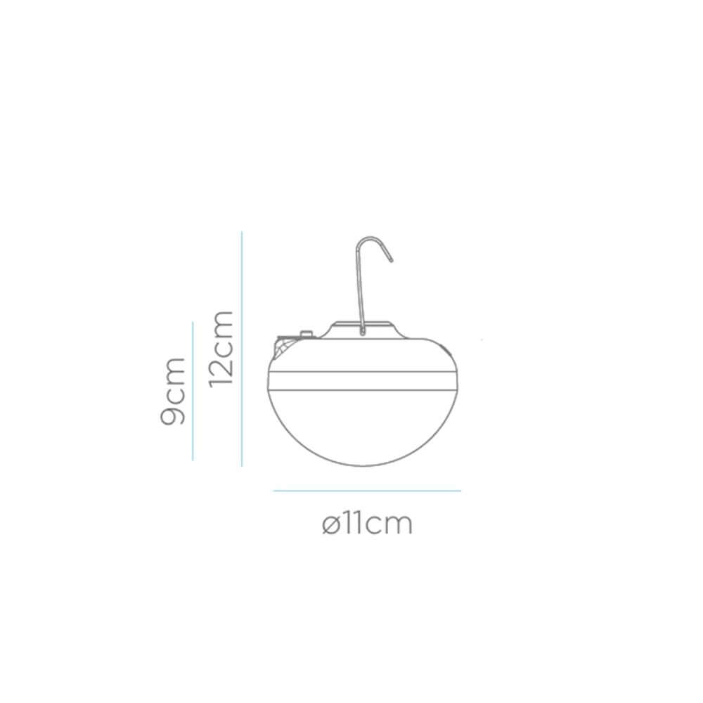 Maßzeichnung der Cherry Tisch- & Hängeleuchte mit Solar-Panel, 11 cm Durchmesser und 12 cm Höhe.