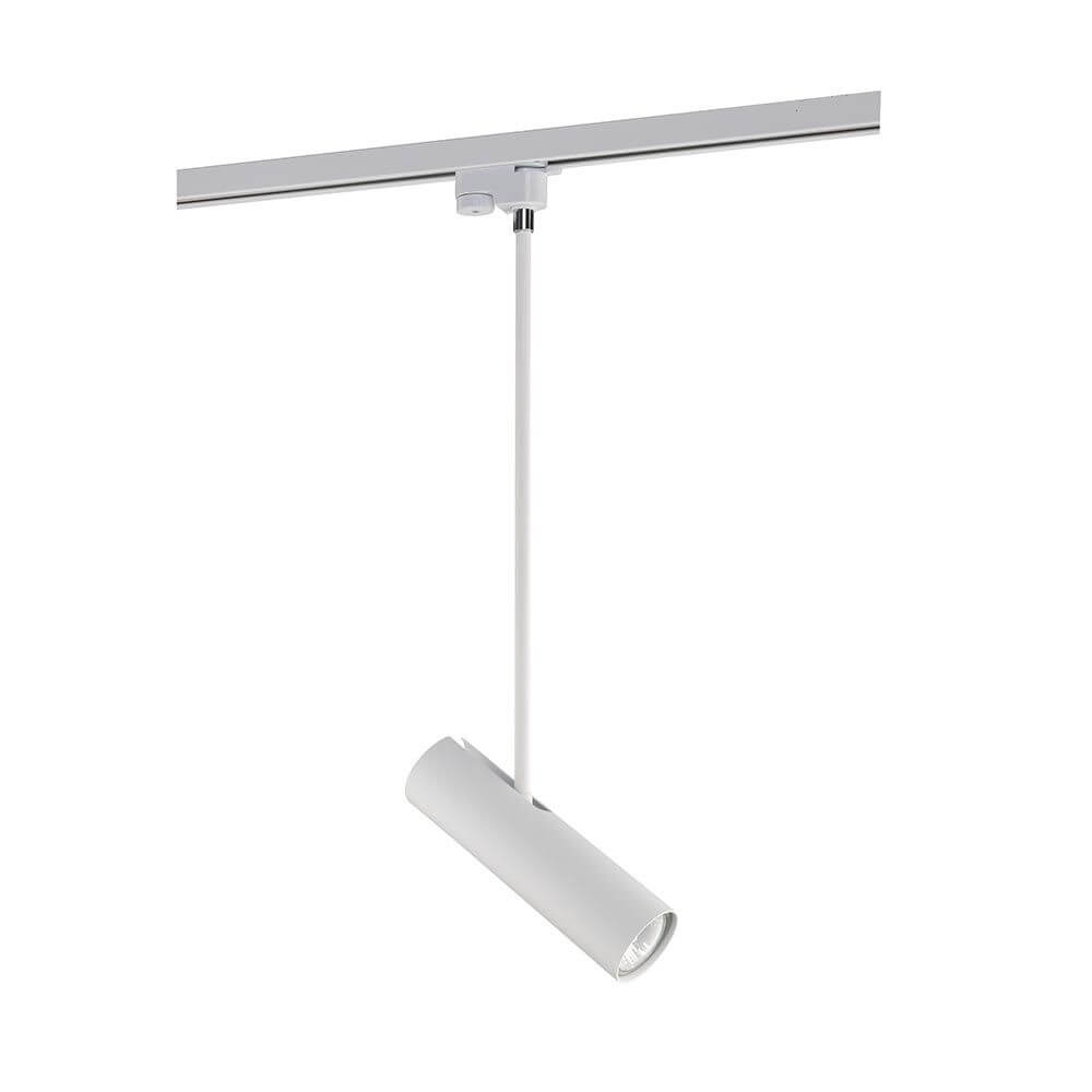 Strahler für 2-Ph-Stromschienen Profile Eye Super 45-57cm Weiß montiert an einer Stromschiene.