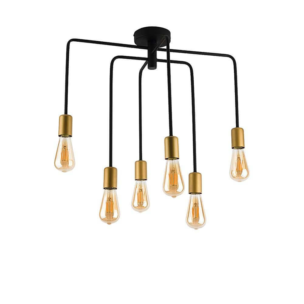 Retro Deckenleuchte Axis 6-flg. in Schwarz, mit sechs goldenen E27 Leuchtmitteln für stilvolle Beleuchtung.