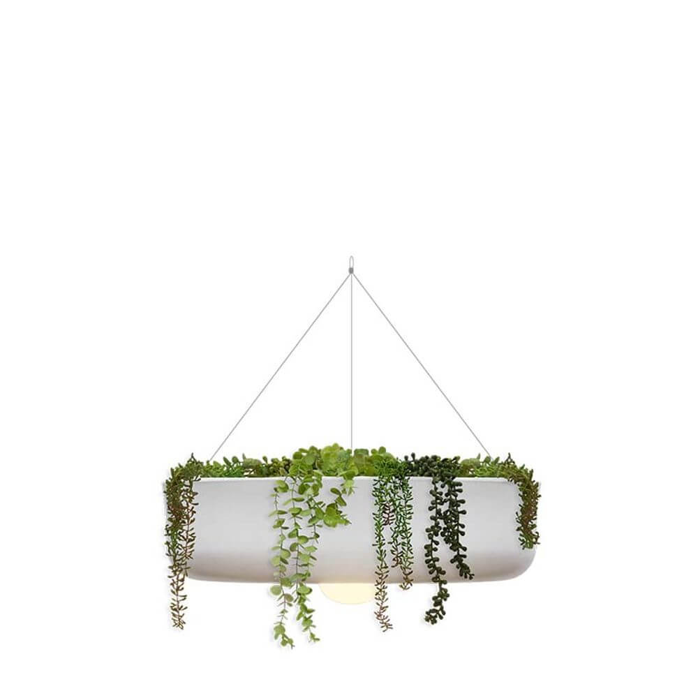 Elba LED Blumentopf Hängeleuchte mit Pflanzen, modernes Design und kabellosem Akku.