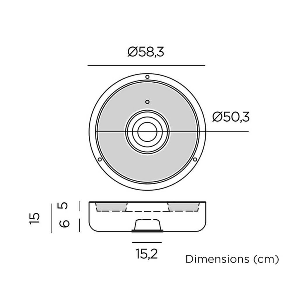Dimensions der Elba LED Blumentopf Hängeleuchte, Durchmesser 58,3 cm, Höhe 15 cm.