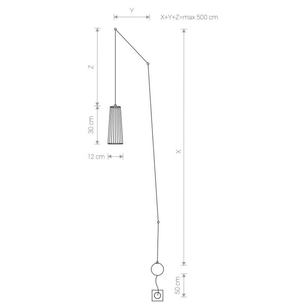 Maßzeichnung der Hängelampe Dover mit 5m Kabel Schwarz. Maße: 30 cm, 12 cm, 50 cm.