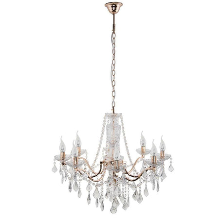 Kronleuchter Odessa 8-flg. Goldfarben, Transparent mit eleganten Kristallelementen.