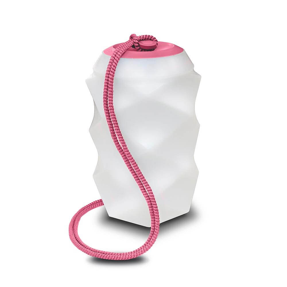 LED-Pendelleuchte Bita in modernem Design mit pinkem Trageband, ideal für Außenbereiche und Partys.