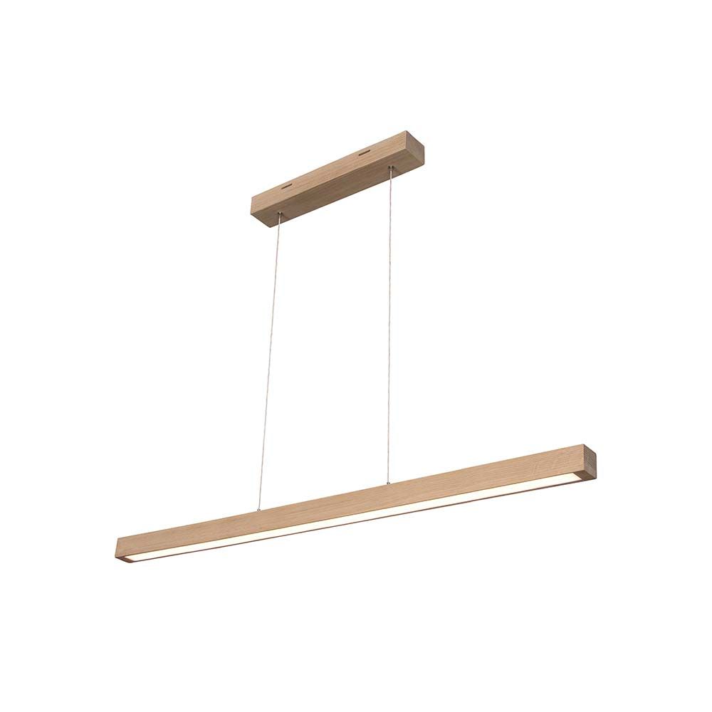 LED Pendelleuchte Smal Touch-Dimmer 2660lm Eiche-Geölt an moderner Decke in hellem Raum aufgehängt.