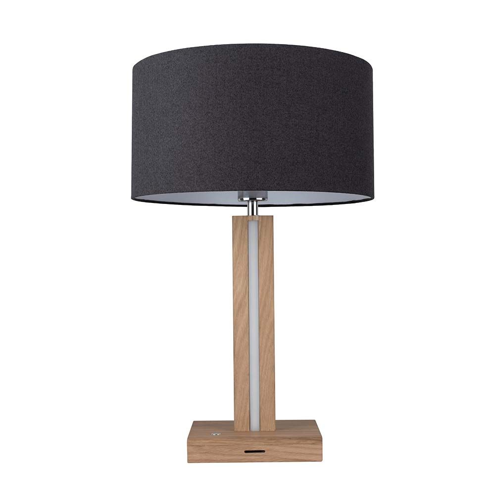 LED Tischlampe Asseto 980lm Eiche-Geölt, Schwarz auf einem Tisch mit modernem Design.