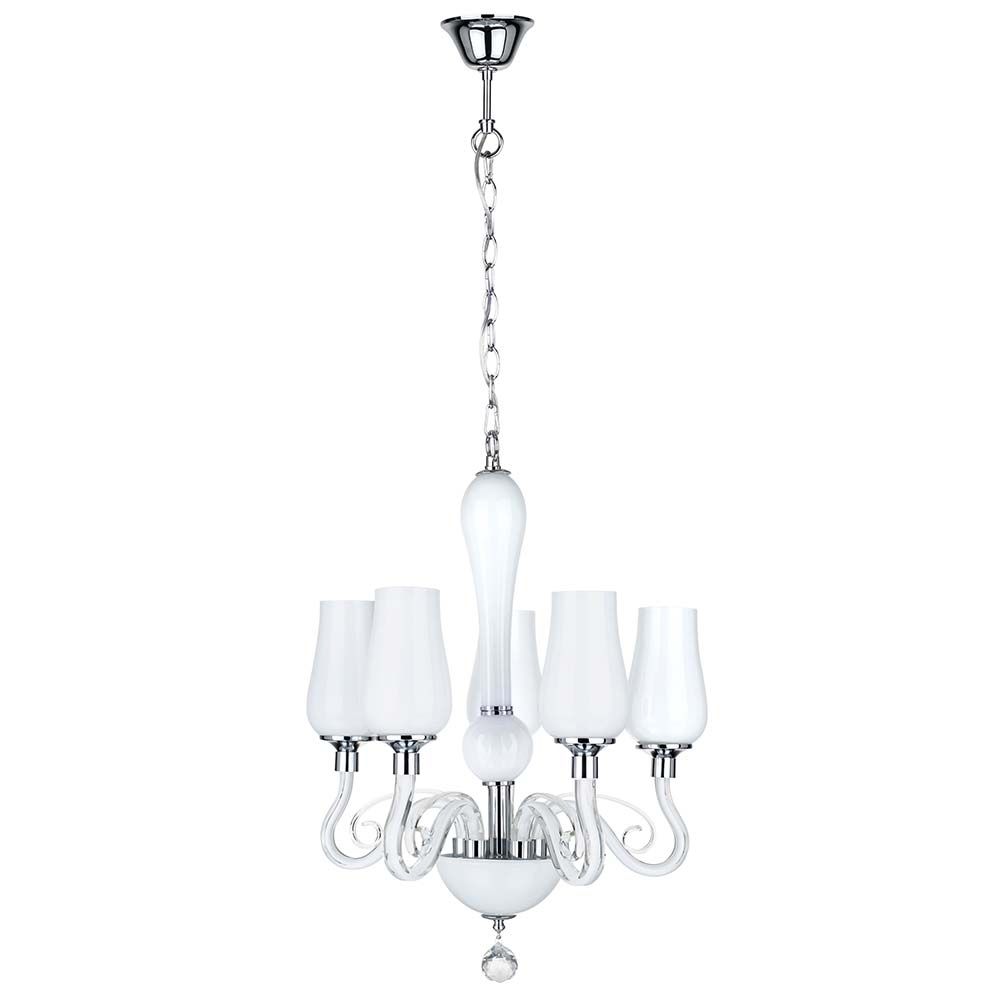 Lüster Lutecja 5-flg. Chrom, Weiß - eleganter Kronleuchter mit weißen Gläsern und chromfarbener Aufhängung.