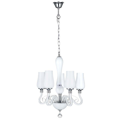 Lüster Lutecja 5-flg. Chrom, Weiß - eleganter Kronleuchter mit weißen Gläsern und chromfarbener Aufhängung.