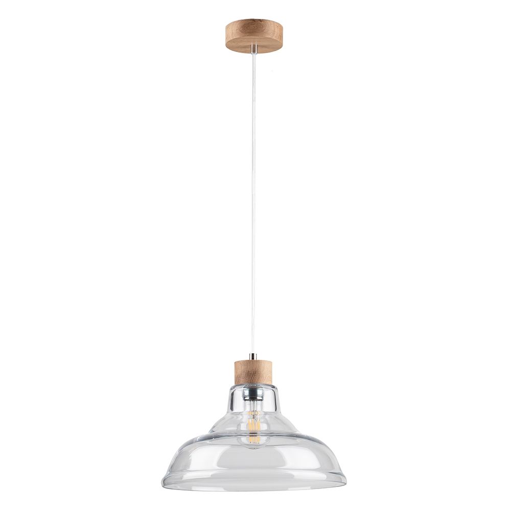 Pendellampe Avino Eiche-Geölt, Transparent mit klarem Lampenschirm und Holzdetails.