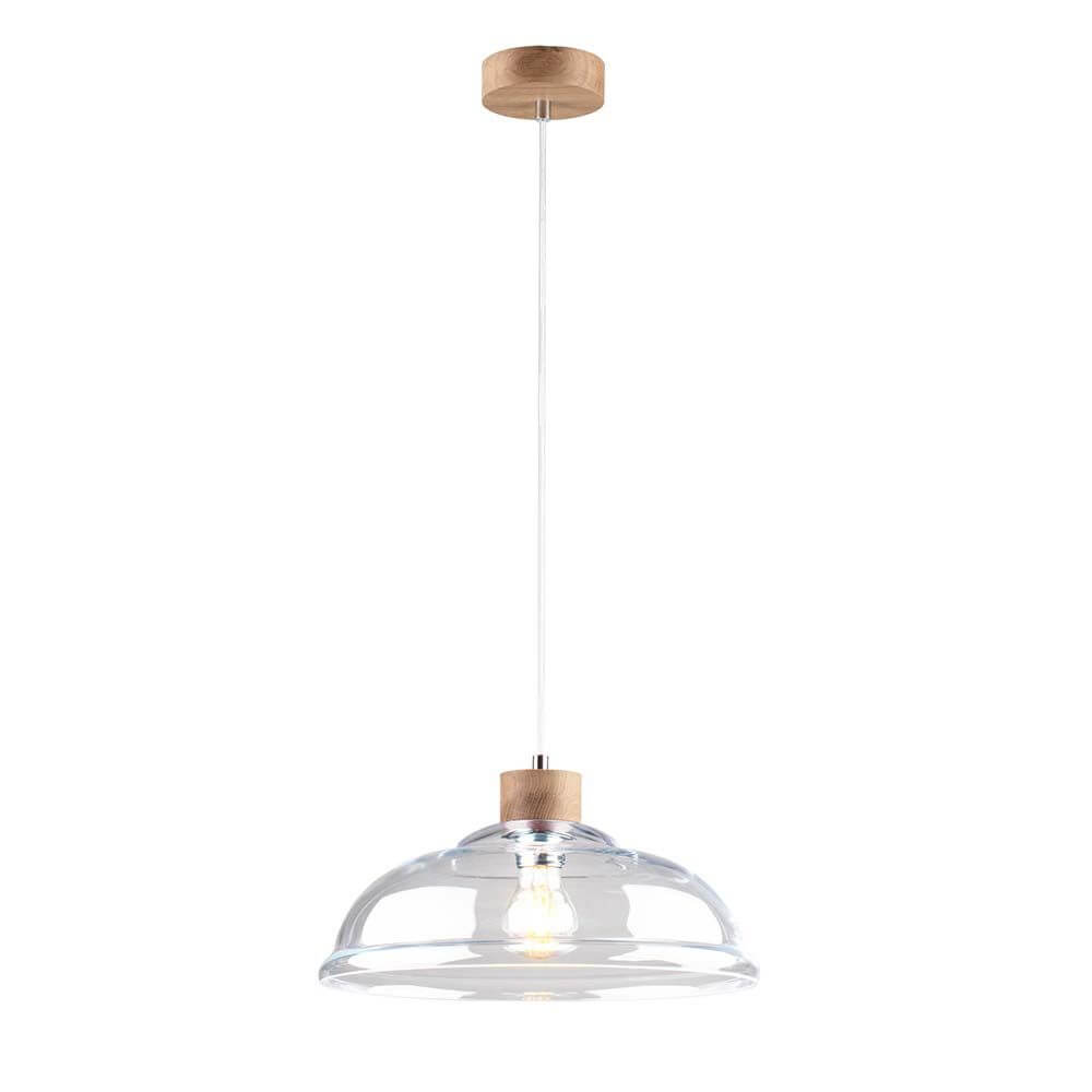 Pendelleuchte Molde Eiche-Geölt, Transparent mit gläzendem, klarem Schirm und Holzdetails.