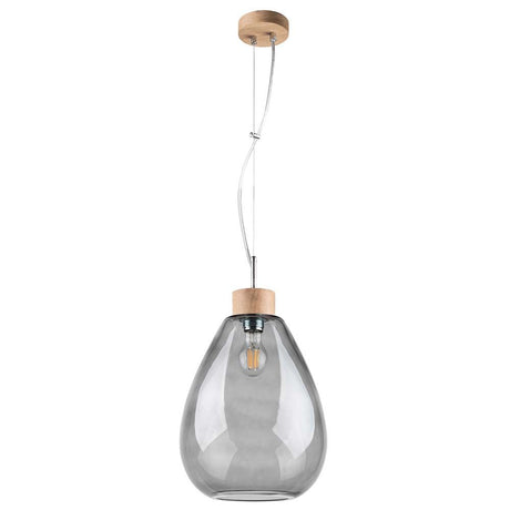 Piro pendant light in oiled oak, smoked glass, transparent, in a modern design with wood and glass elements.