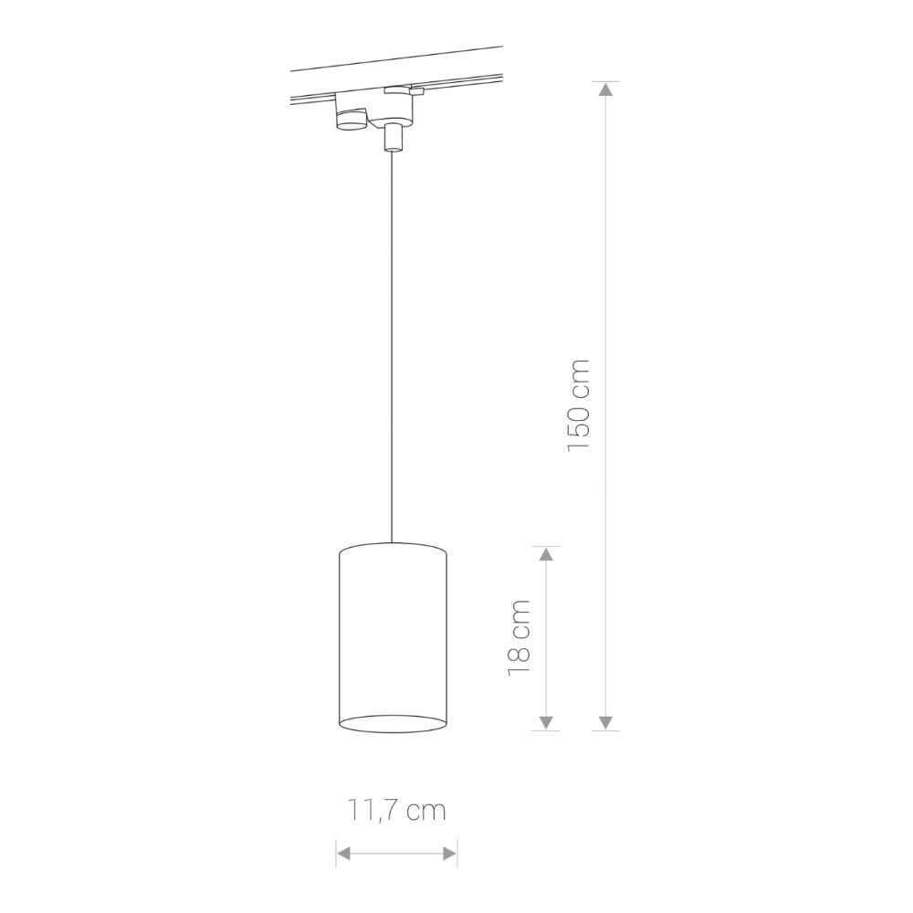 Technische Zeichnung der Profil Bit Schienen-Pendelleuchte mit Abmessungen: Höhe 150 cm, Durchmesser 11,7 cm.