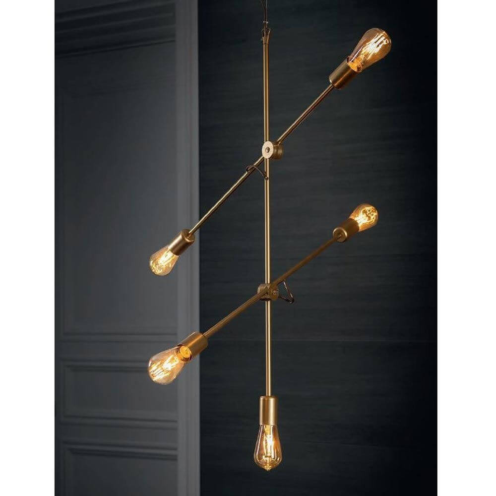 Retro Hängeleuchte Sticks 5-flg. Goldfarben in modernem Design mit verstellbaren Stäben und E27-Fassungen.