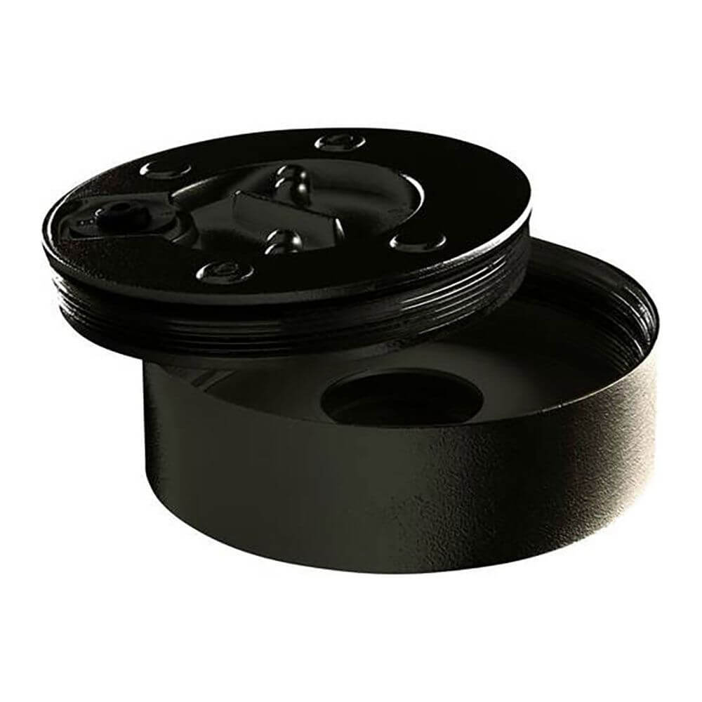 Schwarze, runde Dose mit Deckel, geeignet für Aufbewahrung oder als Behälter.