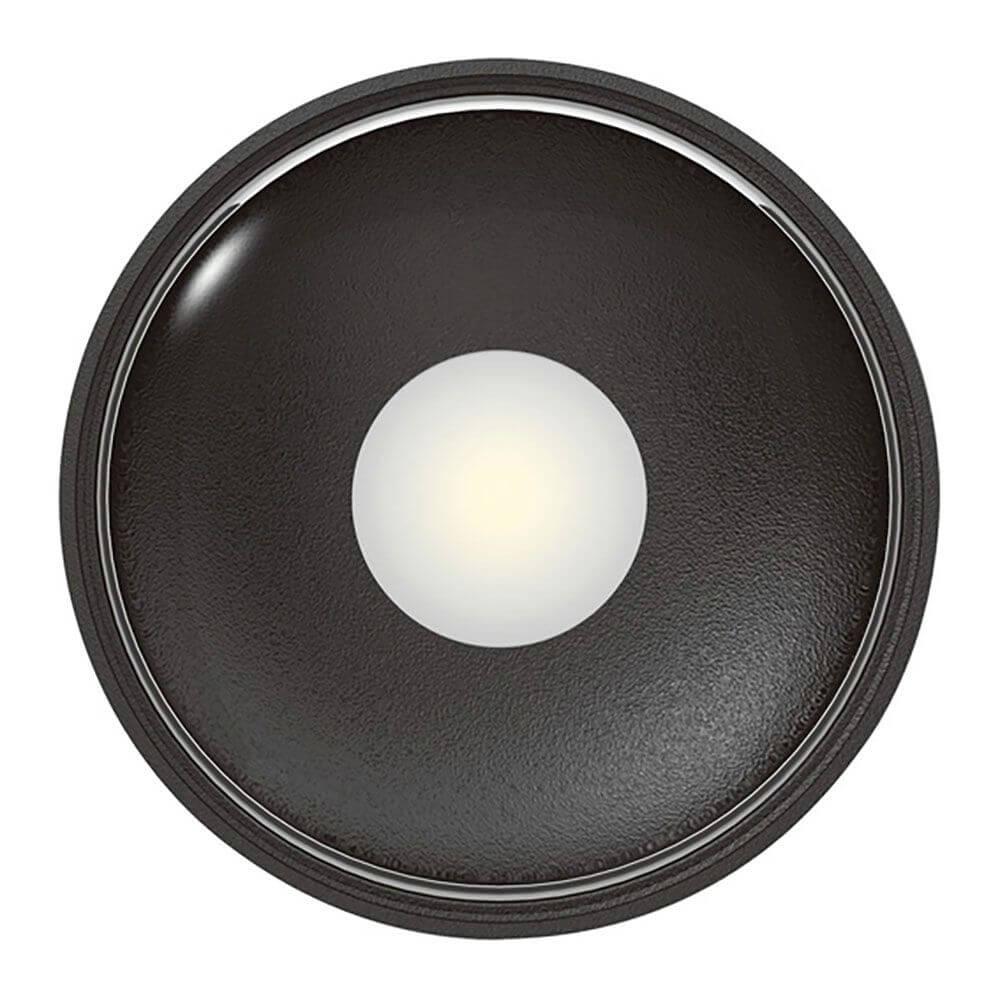 Flacher LED Außen-Aufbauspot in Schwarz mit warmweißem Leuchtmittel und modernem Design.