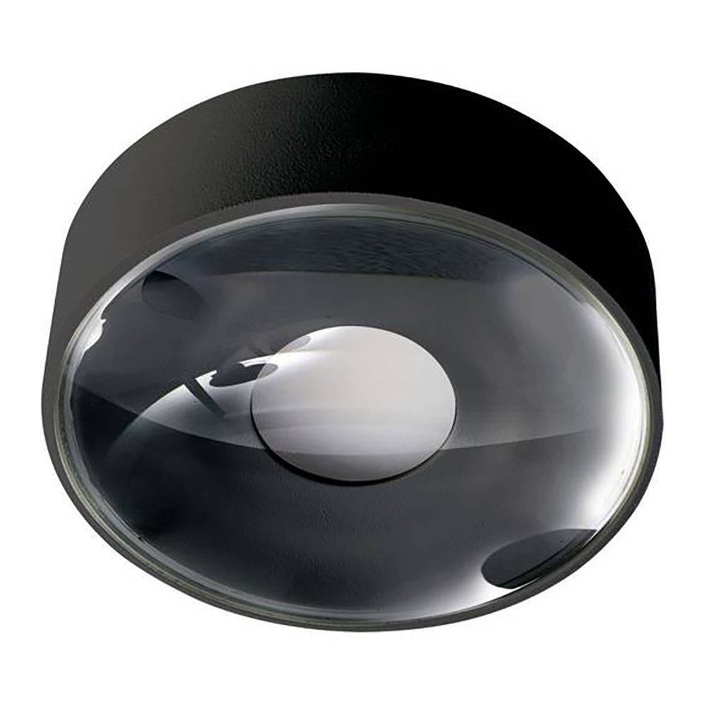 Flacher LED Außen-Aufbauspot in Schwarz mit transparentem Glasschutz und modernem Design.