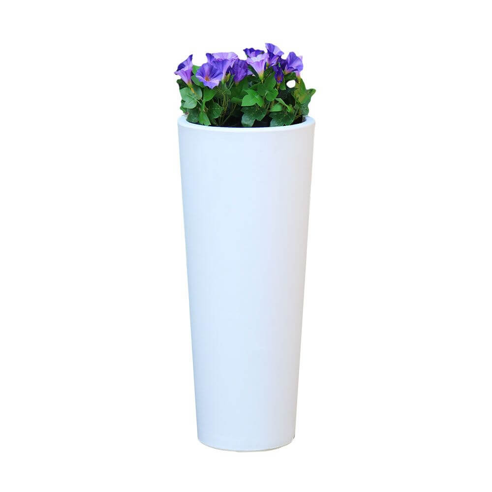 LED-Solar Dekoleuchte Ficus beleuchteter Blumentopf mit Akku in Weiß, bepflanzt mit lila Blumen.