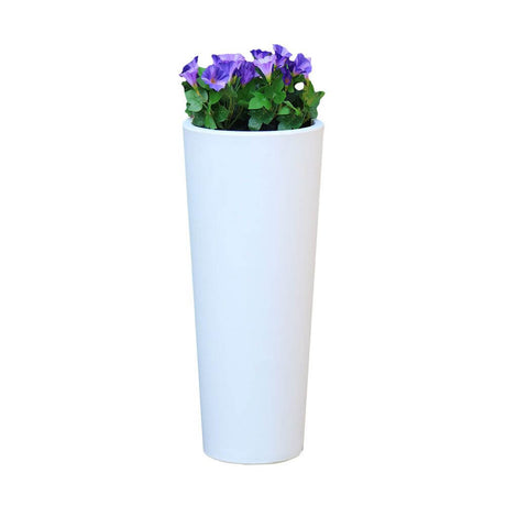 LED-Solar dekorativ lys Ficus oplyst urtepotte med batteri i hvid, plantet med lilla blomster.