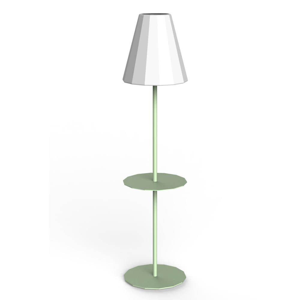 LED Solar-Stehleuchte Helga mit Fernbedienung in modernem Design und zwei Ablagen.