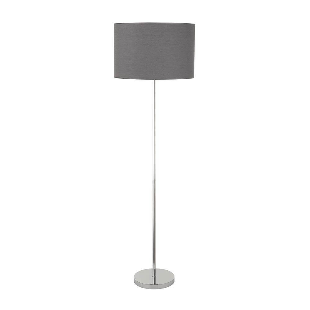 Stehlampe Hotel 168cm Stoffschirm Grau mit grauem Zylinder und eleganter Chrombasis.