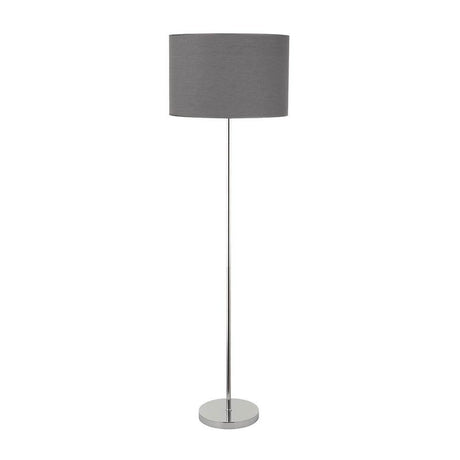 Hotel floor lamp 168cm fabric shade grey with grey cylinder and elegant chrome base.