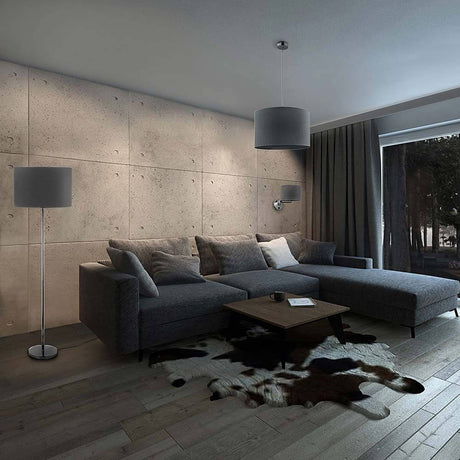 Hotel floor lamp 168cm fabric shade grey in a modern living room with elegant design.