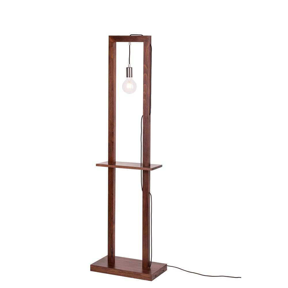 Stehleuchte Monopod Nuss aus Holz mit eleganten Design und integrierter Ablagefläche.