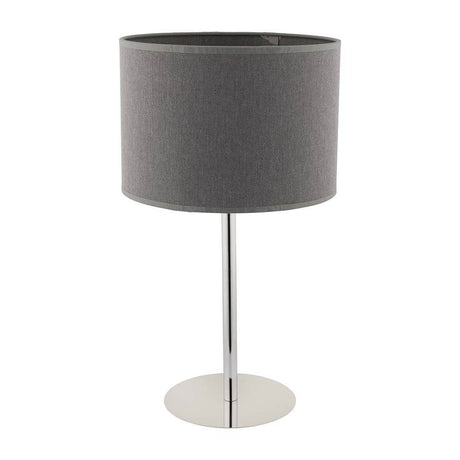 Table lamp Hotel with grey fabric shade on a modern metal base, ideal for bedrooms and living spaces.