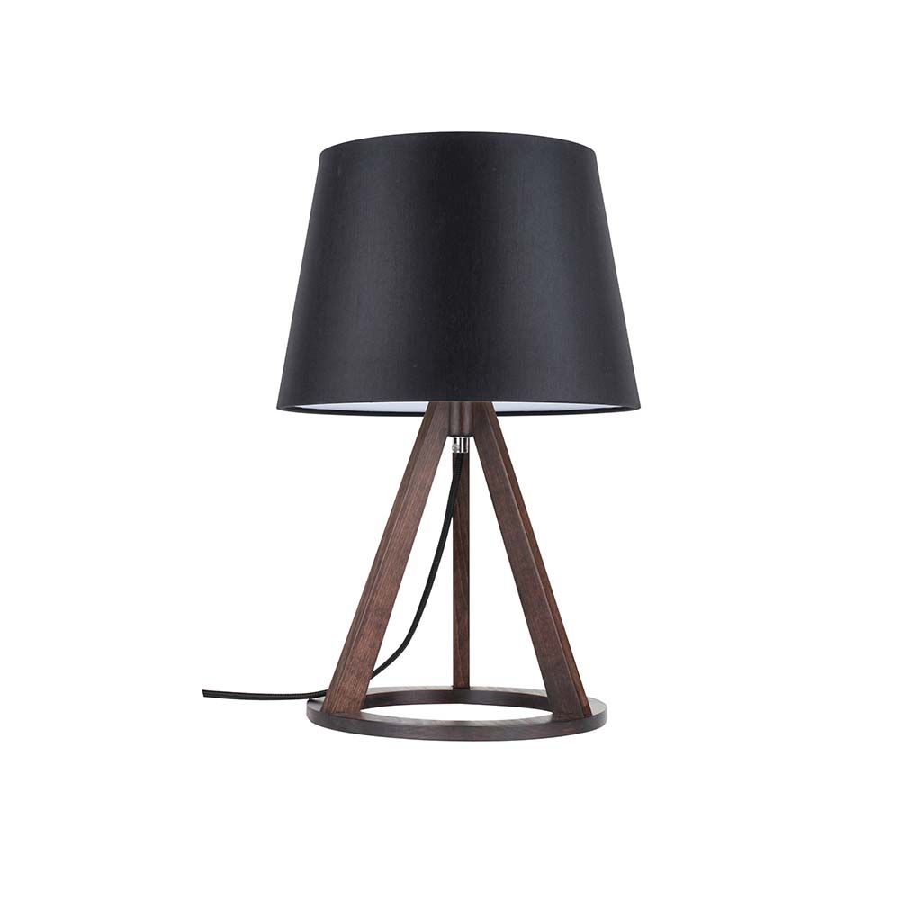 Tischleuchte Konan II Nussbaum, Schwarz mit modernem Design und schwarzem Lampenschirm.