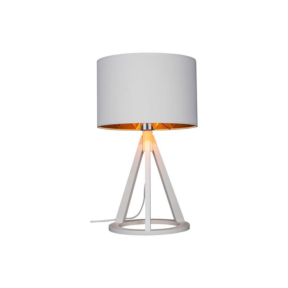 Tischleuchte Victoria II Weiß, Kupfer auf einem stilvollen Tisch, modernes Design mit schöner Beleuchtung.