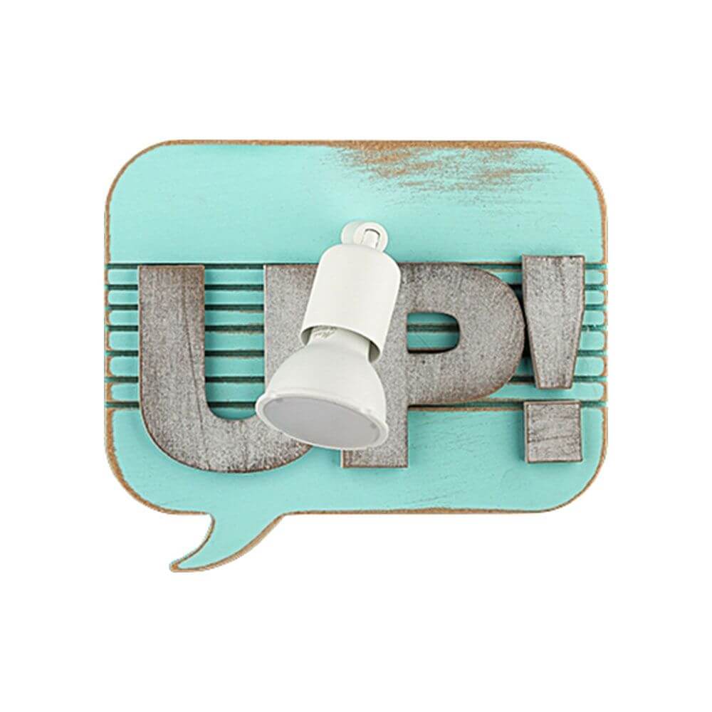Kinder-Wandleuchte UP Comic Buch Grau-Mint mit Aufschrift 'UP!' in Grauton und mintgrüner Hintergrund.