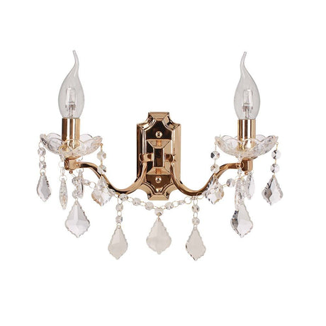 Odessa wall light, 2-light, gold-colored, transparent with crystal pendant for an elegant atmosphere.