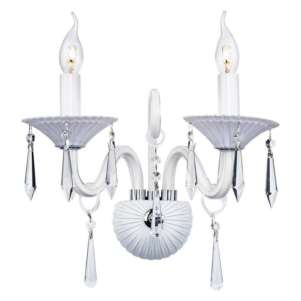 Wandleuchte Rosano 2-flammig Weiß mit elegantem Design und klaren Kristallanhängern.