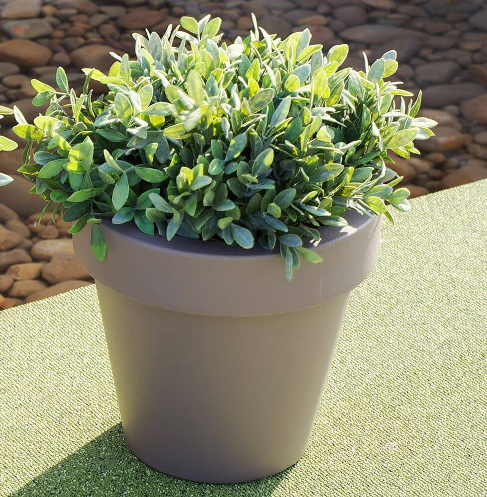 Beleuchteter Blumentopf Magnolia Big mit grüner pflanze im topf auf grasuntergrund.